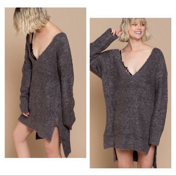 Copy - Wool Blend V-Neck  relaxed Fit High Low Sweater in Violet Wood - Picture 2 of 8